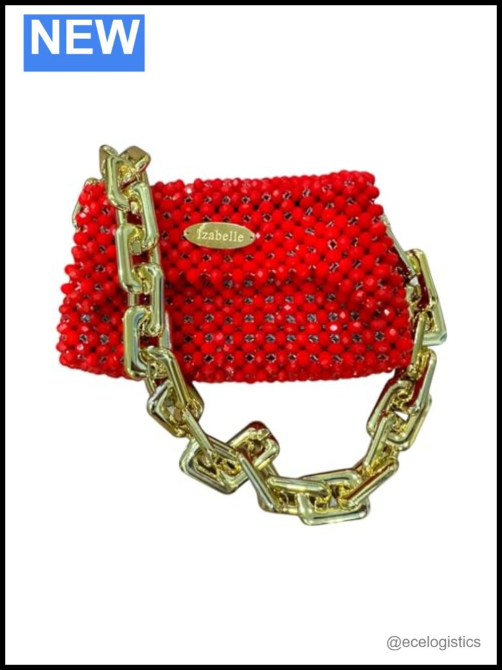 Red Crystal Beaded Evening Bag Clutch with Gold Chain Handle Magnetic Closure